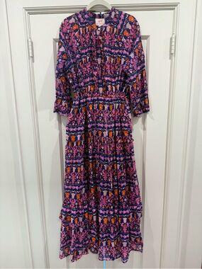 Sea Multi-Print Tiered Maxi Dress in Pink, Navy & Orange